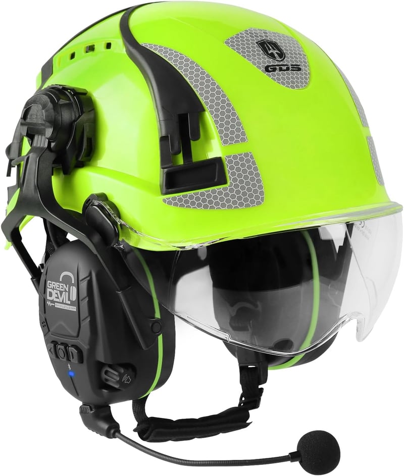GREEN DEVIL X-Armor Védősisak Aktív Hallásvédelemmel, Átlátszó Rostéllyal, Bluetooth Funkcióval - 32dB SNR, EN397 Ipari Munkavédelmi Sisak