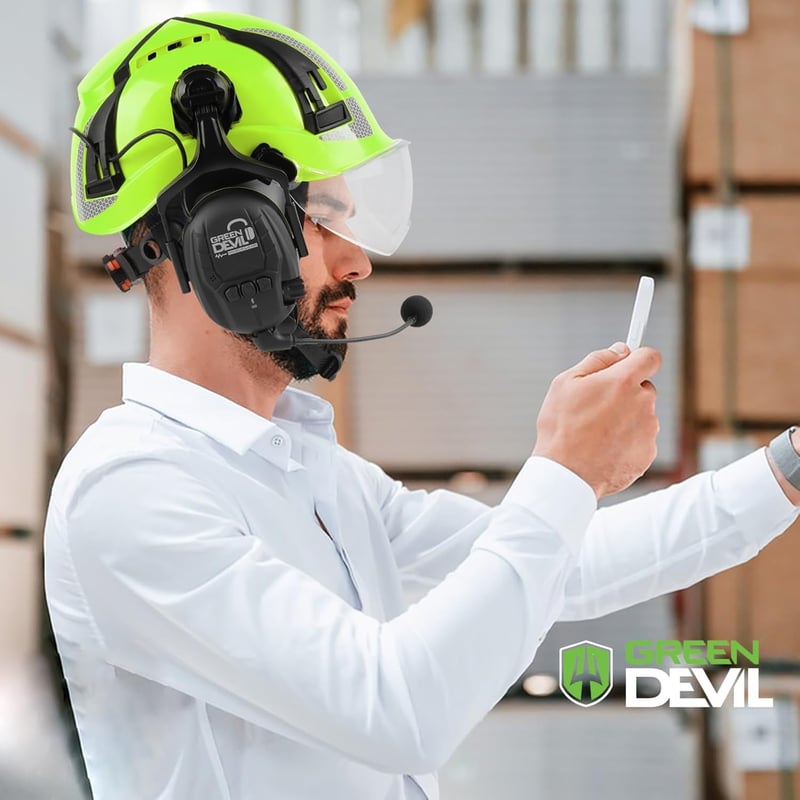GREEN DEVIL X-Armor Védősisak Aktív Hallásvédelemmel, Átlátszó Rostéllyal, Bluetooth Funkcióval - 32dB SNR, EN397 Ipari Munkavédelmi Sisak