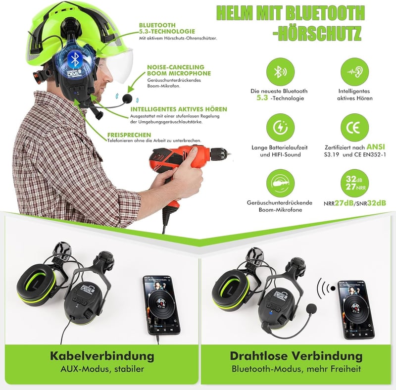 GREEN DEVIL X-Armor Védősisak Aktív Hallásvédelemmel, Átlátszó Rostéllyal, Bluetooth Funkcióval - 32dB SNR, EN397 Ipari Munkavédelmi Sisak