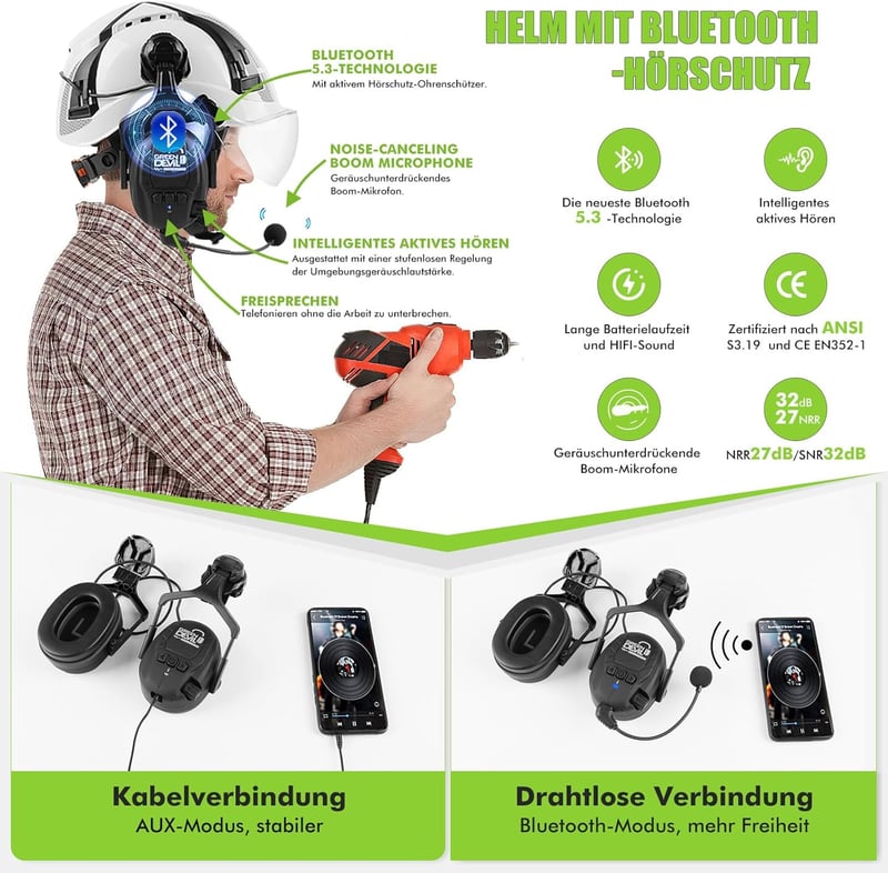 GREEN DEVIL X-Armor Védősisak Aktív Hallásvédelemmel Bluetooth Fehér EN397