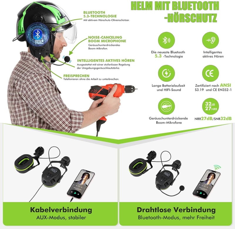 GREEN DEVIL X-Armor Védősisakok Aktív Hallásvédelemmel és Bluetooth Ipari Munkasisakok