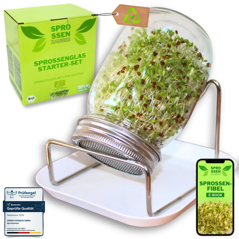 Recipient de germinare Green SEEDS Sprossenzauber, 1 buc., 500 ml, cu capac din oțel inoxidabil și tavă de colectare, pentru germinarea semințelor de broccoli, lucernă, creson, kit pentru începători