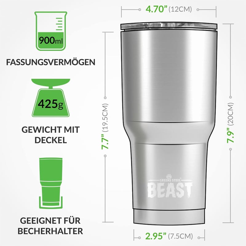 Greens Steel Beast Termosz Bögre 900ml Citromfű Zöld Dupla Falú Rozsdamentes Acél Szívószállal Kávé Tea Hideg Italok