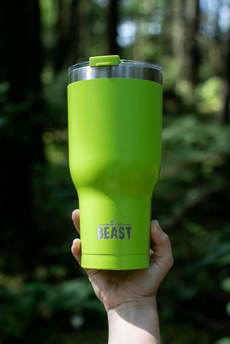 Greens Steel Beast Termosz Bögre 900ml Citromfű Zöld Dupla Falú Rozsdamentes Acél Szívószállal Kávé Tea Hideg Italok