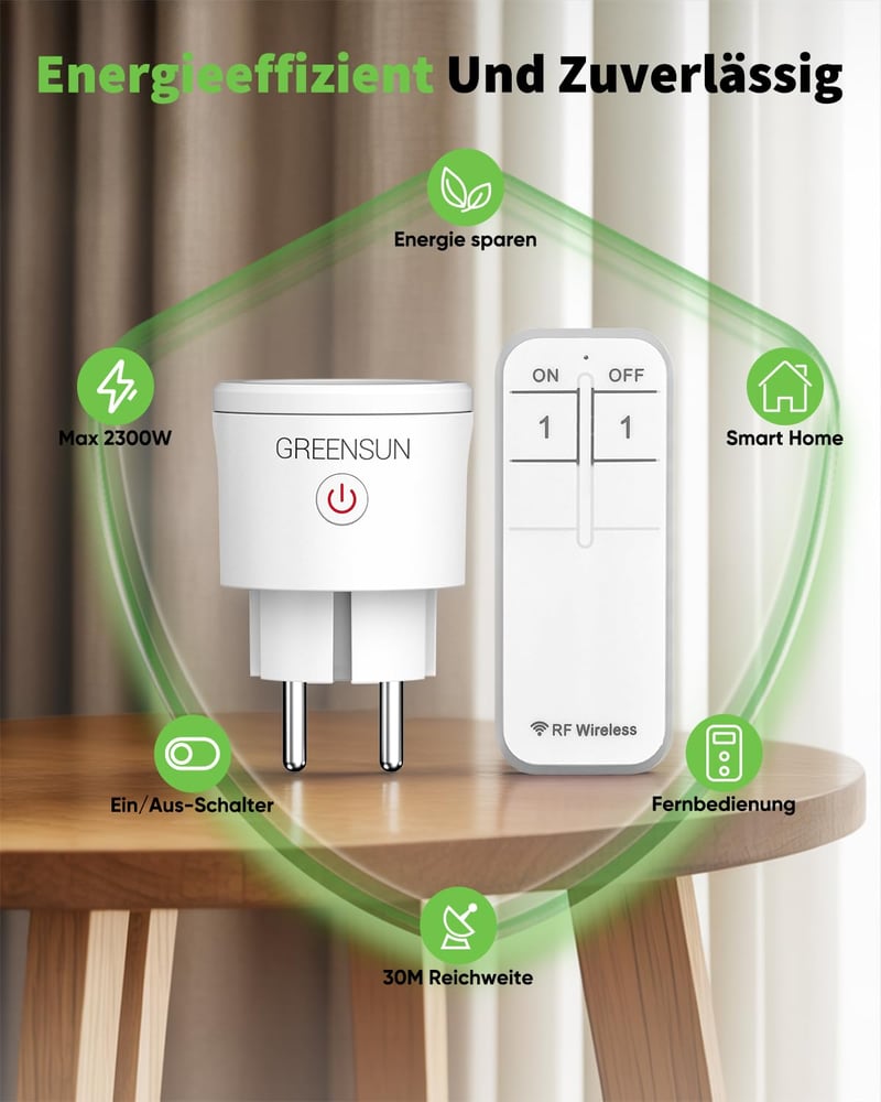 GreenSun Távirányítható Konnektor - Vezeték Nélküli RF Okosaljzat 30m Hatótávval, 3500W Teljesítmény, Egyszerű Smart Home Megoldás