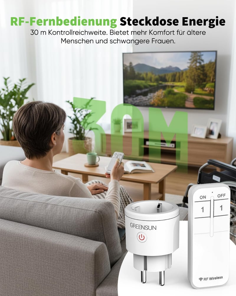 GreenSun Távirányítható Konnektor - Vezeték Nélküli RF Okosaljzat 30m Hatótávval, 3500W Teljesítmény, Egyszerű Smart Home Megoldás