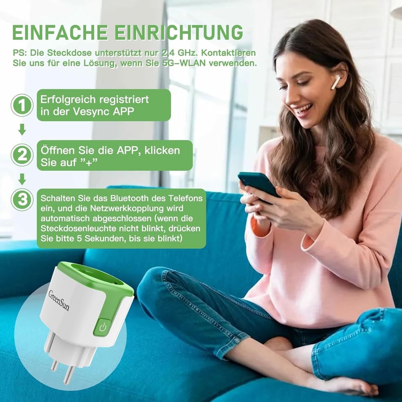 GreenSun WiFi Okos Konnektor Fogyasztásmérővel - Energiaköltség Figyelő, Időzíthető Aljzat, Alexa és VeSync Applikáció Támogatással, 3750W, 