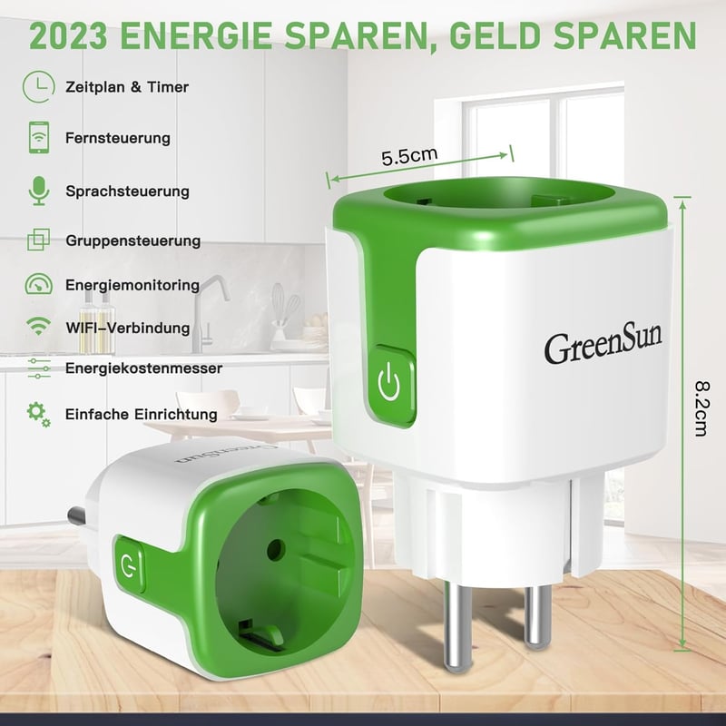 GreenSun WiFi Okos Konnektor Fogyasztásmérővel - Energiaköltség Figyelő, Időzíthető Aljzat, Alexa és VeSync Applikáció Támogatással, 3750W, 
