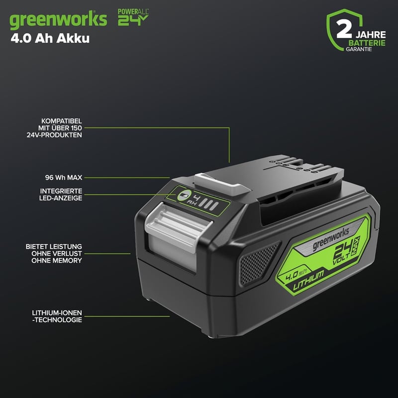 Greenworks 24V 4Ah Lítium-ion Akkumulátor Kerti Gépekhez - Gyorstöltő, LED Kijelző, Univerzális Kompatibilitás
