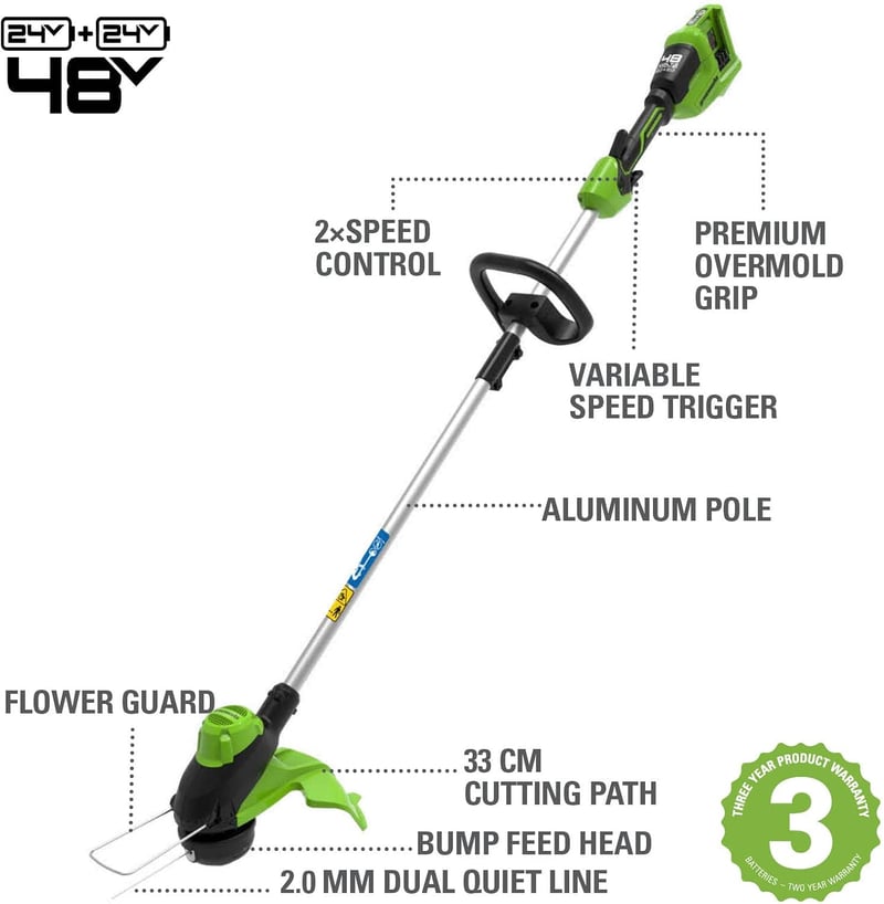 Greenworks 24V akkus fűnyíró 33cm vágásszélességgel, 2x2Ah akkuval és töltővel
