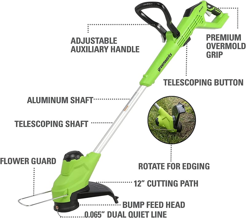 Greenworks 40V Akkumulátoros Fűszegélynyíró, 30cm, 450W, Állítható Fogantyú, Forgatható Fej, Teleszkópos Nyél, 1.65mm Vágószál