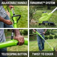 Greenworks 40V Akkumulátoros Fűszegélynyíró, 30cm, 450W, Állítható Fogantyú, Forgatható Fej, Teleszkópos Nyél, 1.65mm Vágószál 3