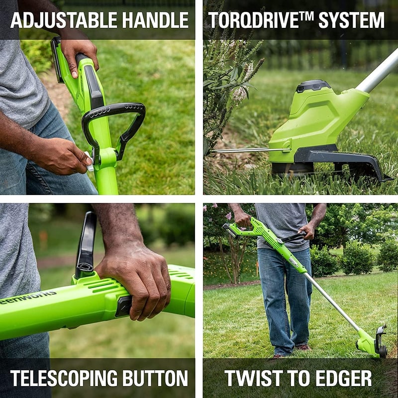 Greenworks 40V Akkumulátoros Fűszegélynyíró, 30cm, 450W, Állítható Fogantyú, Forgatható Fej, Teleszkópos Nyél, 1.65mm Vágószál