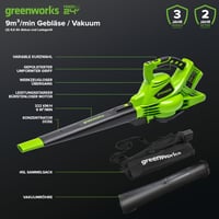 Akumulátorový záhradný vysávač a fúkač lístia Greenworks GD24X2BVK4X 48V (2x24V) s ramenným popruhom, bezuhlíkový motor, 322 km/h, 9 m³/min, 45 l zberný vak, 2x4Ah batéria 2