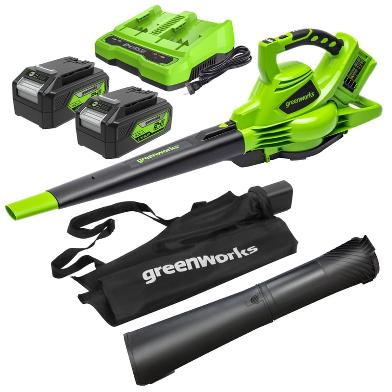 Akumulátorový záhradný vysávač a fúkač lístia Greenworks GD24X2BVK4X 48V (2x24V) s ramenným popruhom, bezuhlíkový motor, 322 km/h, 9 m³/min, 45 l zberný vak, 2x4Ah batéria
