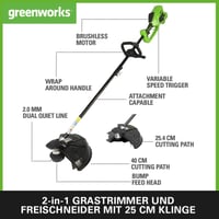 Greenworks GD40BCK2X 40V akumulatorski trimer za travu s motorom bez četkica, širina košnje 40 cm, najlonska nit 2 mm, nož 25 cm, naramenica, 2x40V baterija i punjač 2