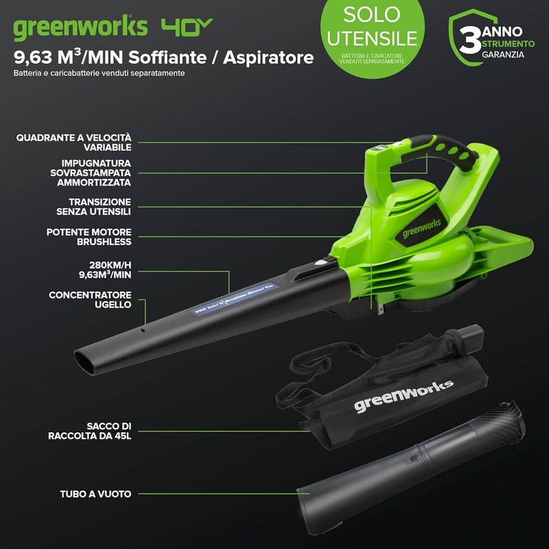 GreenWorks GD40BV 40V Akkus Lombfúvó Porszívó Kefe Nélküli Motorral 280 km/h - 40V, Without battery