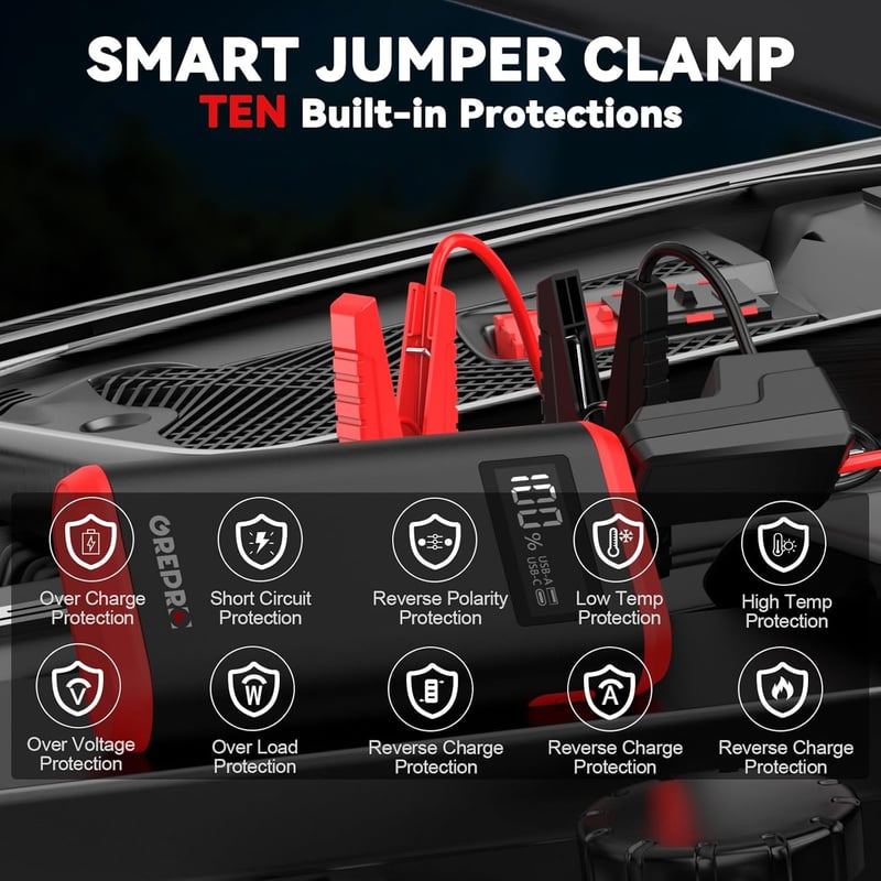 GREPRO Indítóakkumulátor 9.0L Benzin 7.0L Diesel 12V Autó Motorkerékpár LCD Kijelző LED Lámpa - Red-Pro