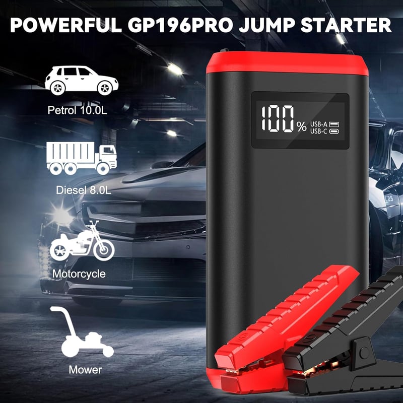 GREPRO Indítóakkumulátor 9.0L Benzin 7.0L Diesel 12V Autó Motorkerékpár LCD Kijelző LED Lámpa - Red-Pro