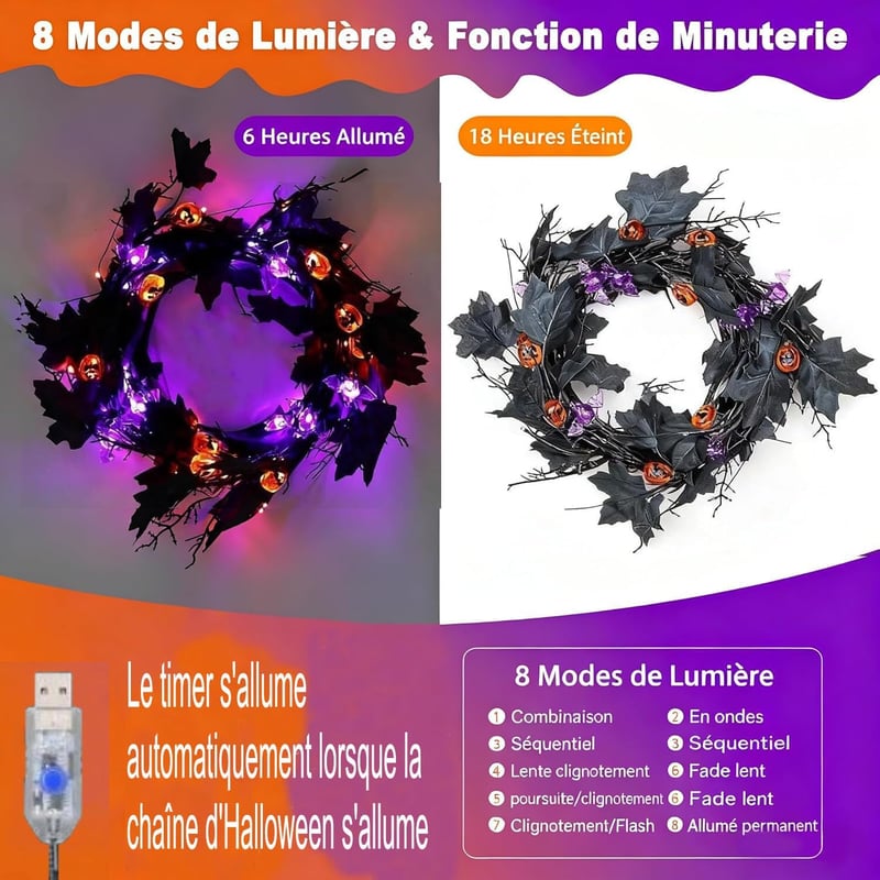 Gresonic Halloween girland fekete 54 LED-es tök dekoráció 8 üzemmód vízálló