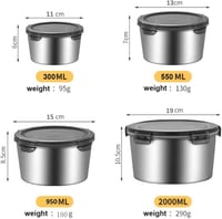 GRFELI Rozsdamentes Acél Ételtároló Dobozok Légmentes Fedéllel, Bento Uzsonnás Doboz Szett 4db (300ml+550ml+950ml+2000ml) 2