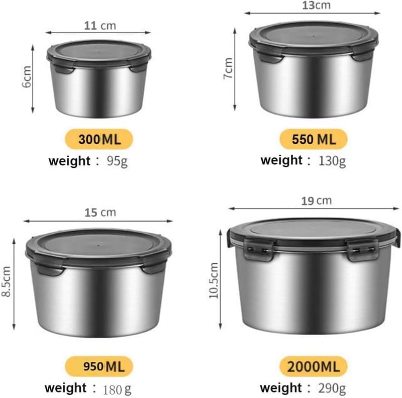 GRFELI Rozsdamentes Acél Ételtároló Dobozok Légmentes Fedéllel, Bento Uzsonnás Doboz Szett 4db (300ml+550ml+950ml+2000ml)