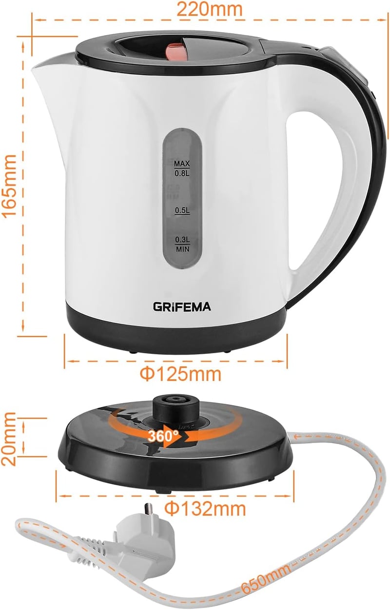 GRIFEMA 0,8L Elektromos Vízforraló 1100W - Gyors Forralás, Csökkentett Zaj, BPA-Mentes, Utazó Teafőző Automata Lekapcsolással