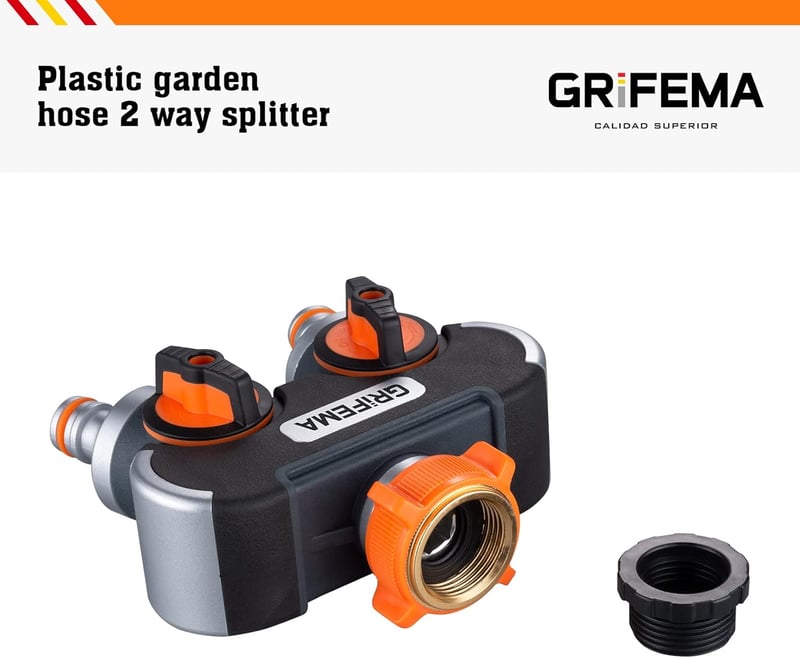 GRIFEMA 2 utas vízcsap elosztó 3/4 és 1/2 col csatlakozással, szabályozható vízáram - 12 cm × 12.7 cm × 5.4 cm, 2-way splitter