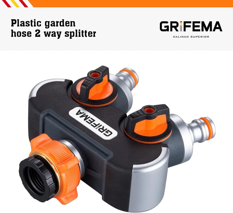 GRIFEMA 2 utas vízcsap elosztó 3/4 és 1/2 col csatlakozással, szabályozható vízáram - 12 cm × 12.7 cm × 5.4 cm, 2-way splitter