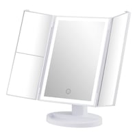 GRIFEMA GF1001W LED kozmetické zrkadlo, trojité skladacie stolové zrkadlo, 32 LED diód, 3x/2x/1x zväčšenie, otočné o 360°, dotyková obrazovka, biele 1