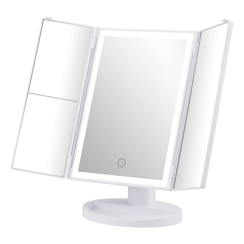 GRIFEMA GF1001W LED kozmetické zrkadlo, trojité skladacie stolové zrkadlo, 32 LED diód, 3x/2x/1x zväčšenie, otočné o 360°, dotyková obrazovka, biele