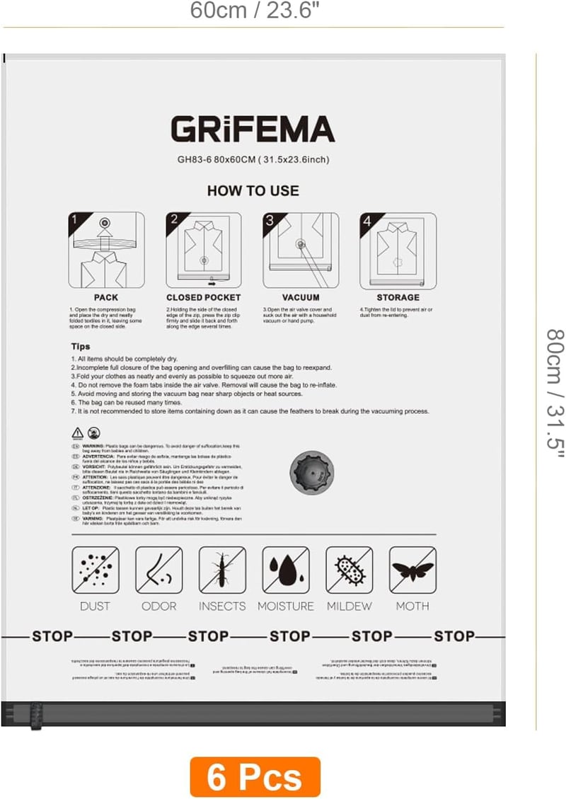 GRIFEMA GH83-6 Vákuumtáska 80x60cm 6db Ruha Ágynemű Tároláshoz