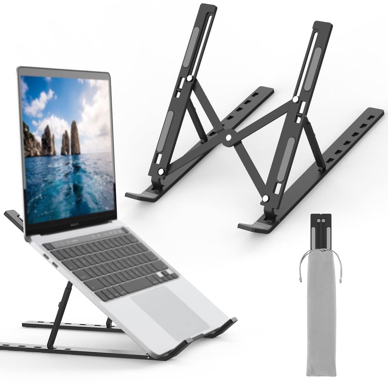 GRIFEMA Stolový stojan na notebook, 7-stupňový nastaviteľný hliníkový držiak na notebook s taškou, skladací ergonomický stojan na notebook pre 10-15,6-palcové zariadenia