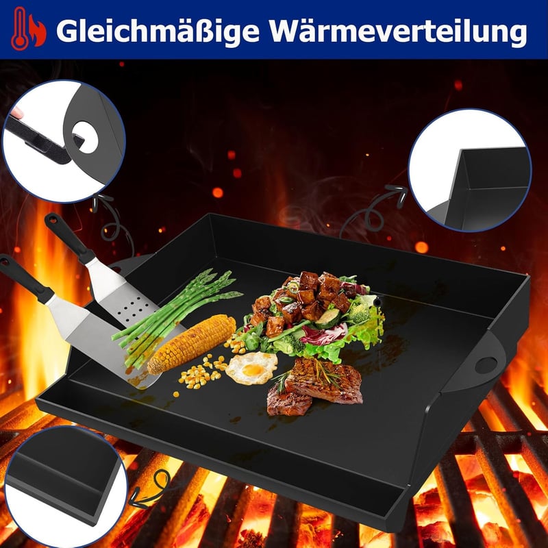 GriHero Öntöttvas Plancha Grill Lap 45x36 cm Teflonbevonattal Spatulával és Kaparóval