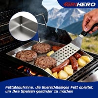 GriHero Rozsdamentes grill lap 40x30 cm 4 mm vastag univerzális plancha grill lapáttal és kaparóval gáz és faszenes grillhez 7