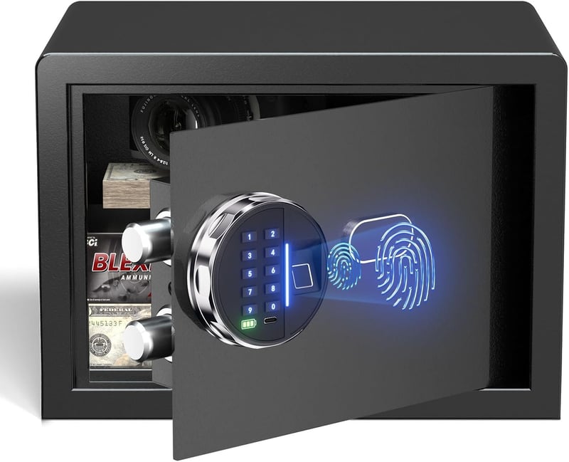 Grimtron Biometrikus Ujjlenyomat Széf - Csendes Módú Ékszertartó Páncélszekrény LED Kijelzővel - 0.78 cu. ft., Black