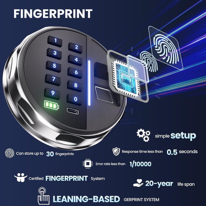 Grimtron Biometrikus Ujjlenyomat Széf - Csendes Módú Ékszertartó Páncélszekrény LED Kijelzővel - 0.78 cu. ft., Black