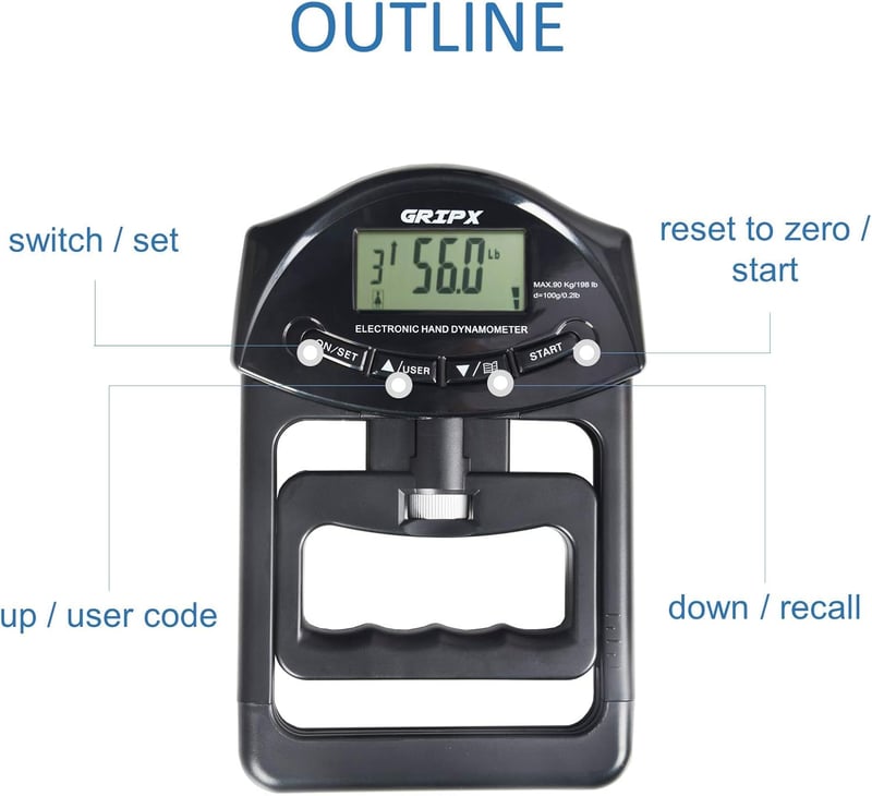 GRIPX Digitális Kézerő Mérő Dinamométer Fekete Sportos Kézfogás Erősség Tesztelő 90kg Kapacitás Elektronikus - black