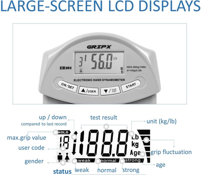 GRIPX Digitális Kézerő Mérő Dinamométer Szürke 90kg Kapacitás Elektronikus Markolat Erősség Teszter Fitness Edzés