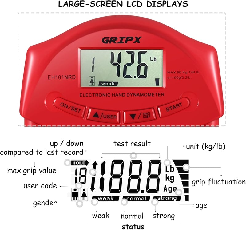 GRIPX Digitális Kézierő Mérő 90 kg Kapacitás Automata Detektálás