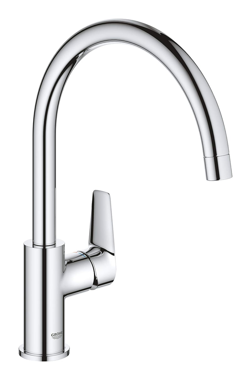 Baterie de bucătărie monocomandă GROHE BauEdge, 332 mm, crom, pivotare 360°, cartuș ceramic 28 mm, racord 3/8 inch, 31367001