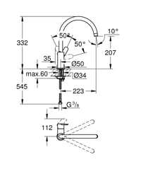 Baterie de bucătărie monocomandă GROHE BauEdge, 332 mm, crom, pivotare 360°, cartuș ceramic 28 mm, racord 3/8 inch, 31367001 3