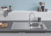 Baterie de bucătărie GROHE BauEdge cu pipă înaltă, rotire la 360°, cartuș ceramic, monocomandă, crom, 31367000 6