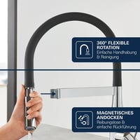 Kuchynská batéria GROHE Essence 30294000 s 2 typmi prúdu, vyťahovacou sprškou, magnetickým dokovaním, otočná o 360°, chróm 9