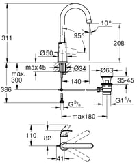 Baterie lavoar înaltă GROHE Swift 24330001, economisire apă, 31 cm, crom, cu ventil pop-up, unealtă 3 în 1, instalare ușoară 3