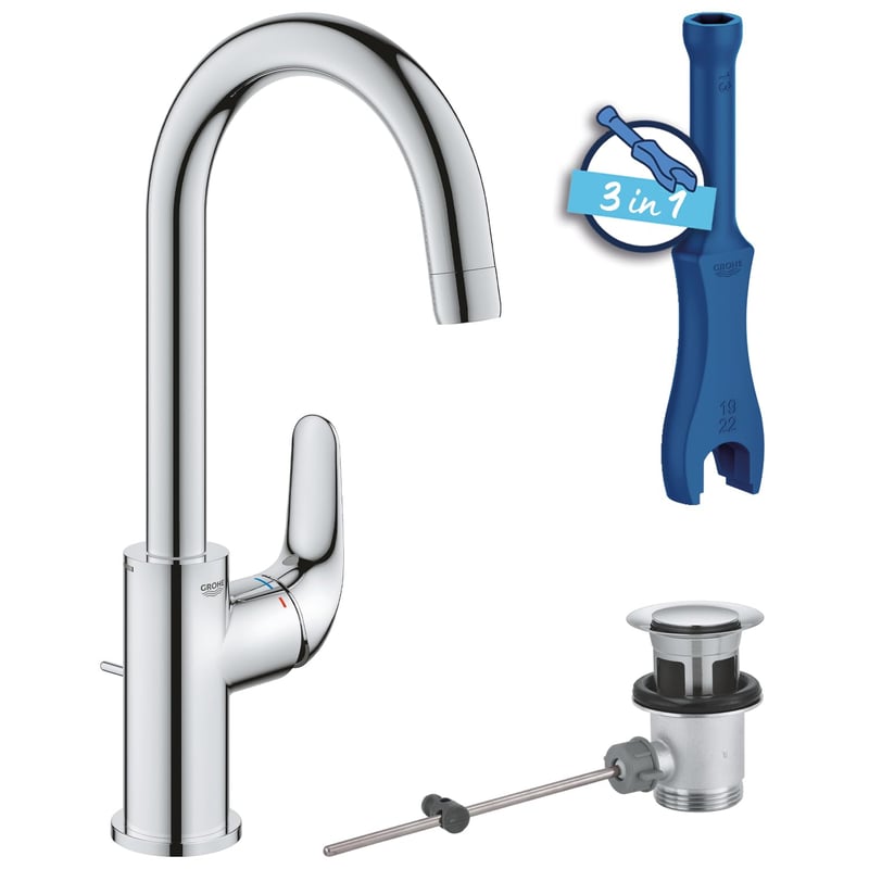 Baterie lavoar înaltă GROHE Swift 24330001, economisire apă, 31 cm, crom, cu ventil pop-up, unealtă 3 în 1, instalare ușoară