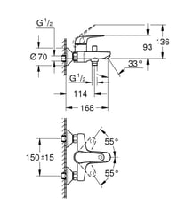 Baterie cadă GROHE Swift 24335001 cu set de instalare, divertor automat, supapă de reținere integrată, manetă metalică, racorduri S, crom 2