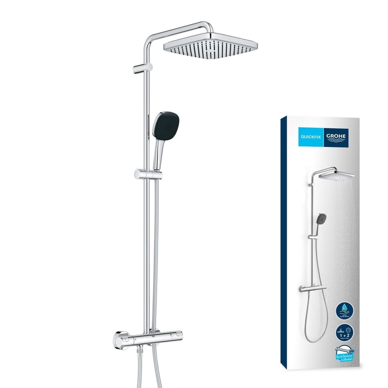 Set de duș cu economisire de apă GROHE Vitalio 250 26696001, 8 l/min, cu termostat, duș fix, sistem anticalcar, crom