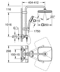 Set de duș cu economisire de apă GROHE Vitalio 250 26696001, 8 l/min, cu termostat, duș fix, sistem anticalcar, crom 3