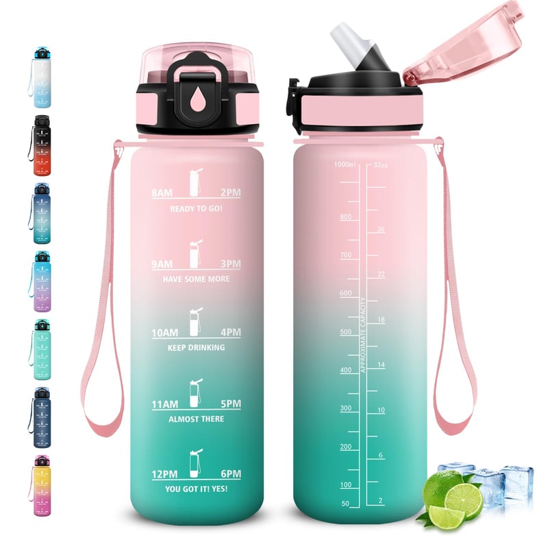 Športová fľaša na vodu Grsta 1 liter so slamkou, časovou značkou, motivačným nápisom, nepriepustná, vhodná na fitness, cyklistiku, turistiku, do školy, kempovanie